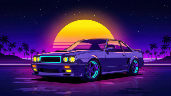 Retro Car With Synthwave Sunset (1280x720) Resolution Wallpaper