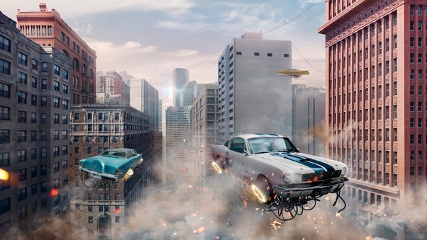 Retro Futuristic Cars Flying In The City Wallpaper