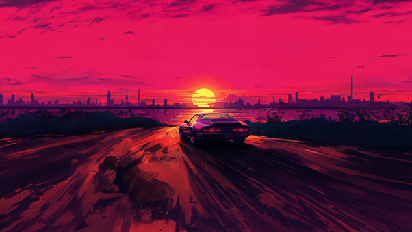 Retro Neon Ride Synthwave Cityscape Vibes Wallpaper