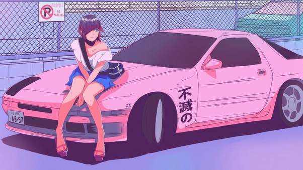 Retro Synthwave Vibes With A Girl And Her Car Pink Horizon Wallpaper