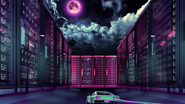 Retrowave Car Going Through City Moon Wallpaper