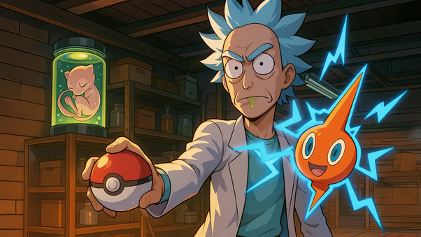 Rick Sanchez And Rotom (2560x1024) Resolution Wallpaper