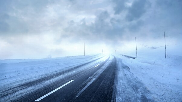 Road Covered With Snow Storm Winter Season 4k 5k Wallpaper