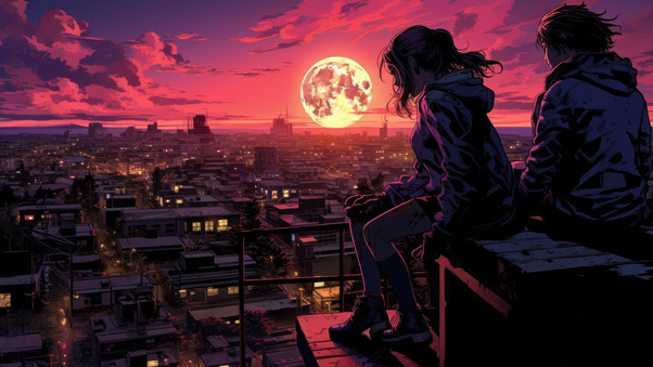 Roofscape Harmony Two Friends Absorb The Blood Moon Aura Wallpaper