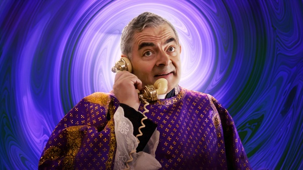 Rowan Atkinson Is Priest In Wonka Movie Wallpaper