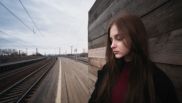 Sad Girl Railway Track On Back Wallpaper