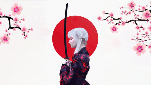 Samurai Japanese Girl Minimalism 4k Wallpaper