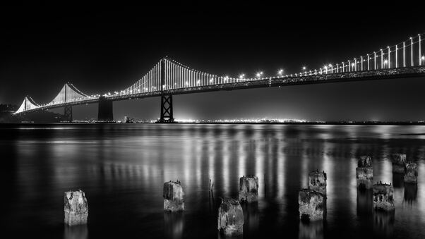 San Francisco Bay Bridge At Night Time Monochrome 5k Wallpaper