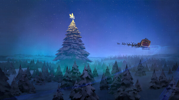 Santa Claus Reindeer Sleigh Flying Christmas Tree 8k Wallpaper
