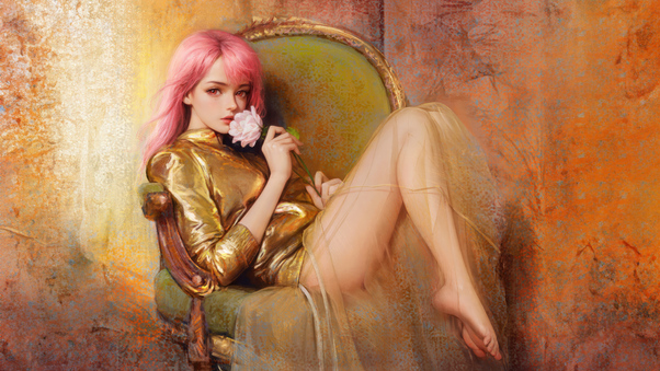 Scent Of Serenity Dreamy Girl Sitting On A Chair With Rose Fragrance Wallpaper