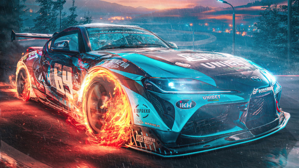 Sci Fi Car With Fiery Wheels Wallpaper