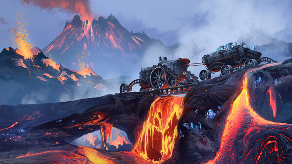 Scifi Steampunk Mountain Vehicle Mining Lava Wallpaper