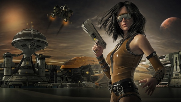 Scifi Sunglasses Woman Warrior With Guns Wallpaper