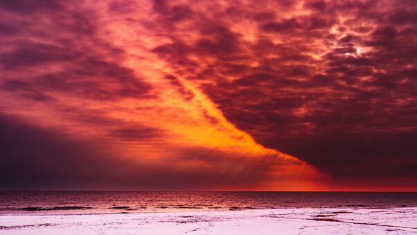 Sea And Red Sky During Daytime Wallpaper