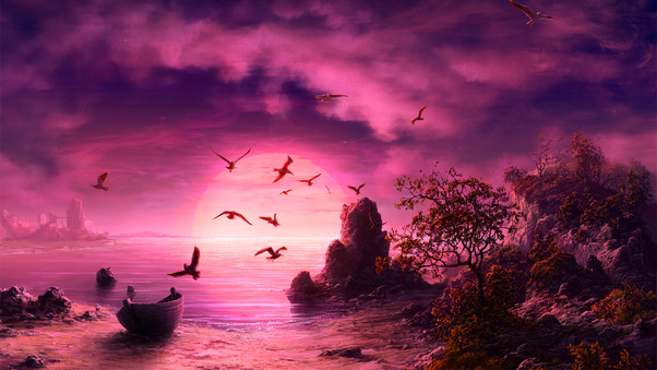 Seagull Birds Boat Landscape Purple Sunset Wallpaper