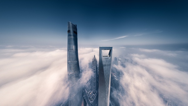 Shanghai Skyscraper Fog Clouds Wallpaper
