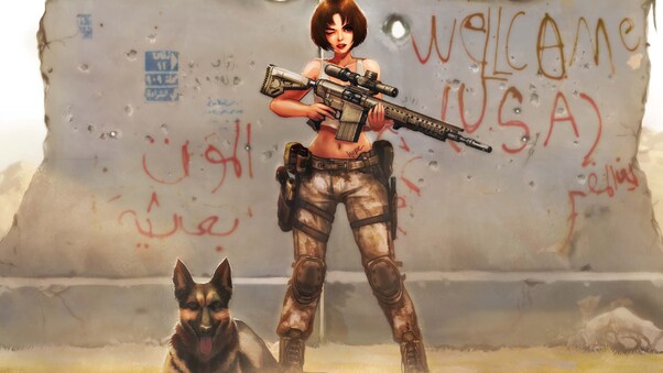 Short Hair Anime Girl Wtih M110 Gun Along Dog 4k Wallpaper