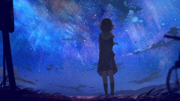 Short Hair In School Uniform Looking Away At Stars Anime Wallpaper
