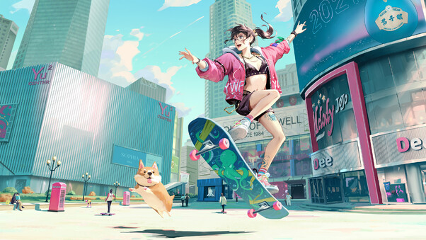 Skyline Anime Girl Skateboard With Dog Wallpaper