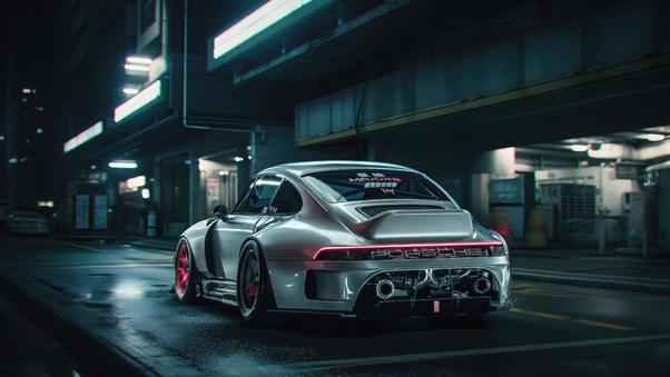 Sleek And Cyber Porsche In The Neon City Wallpaper