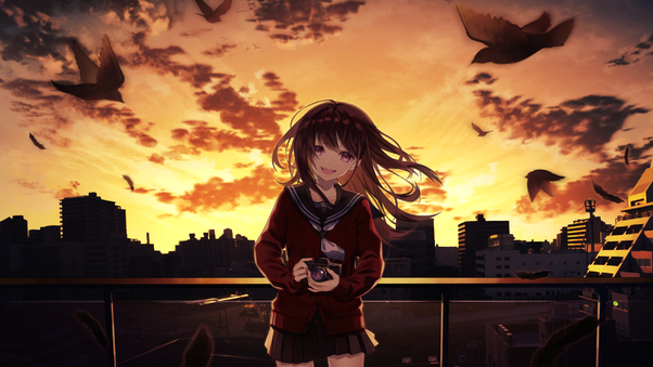 Smiling Anime Girl Taking Photographs Cityscape 4k Wallpaper