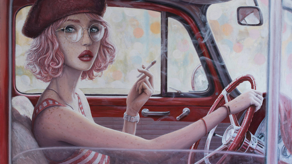 Smoking Cigarette In Car Girl Digital Art Wallpaper