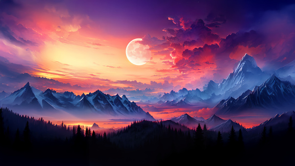 Snow Capped Mountains With Full Moon (1280x720) Resolution Wallpaper