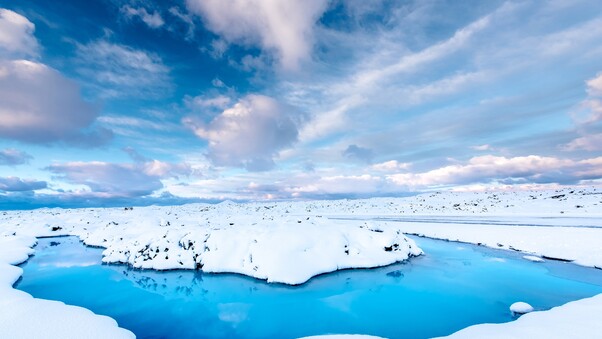Snow In Water Iceland Clouds Clear Sky 4k Wallpaper