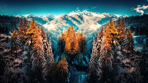 Snow Landscape Mountains Trees Forest 5k Wallpaper