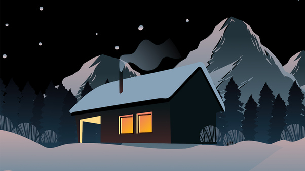 Snowy House In Mountains 5k Wallpaper