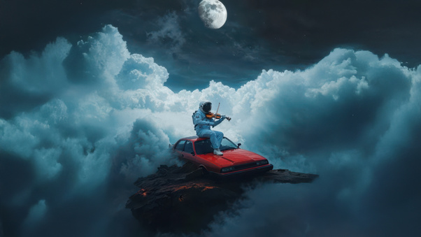 Space Musician Red Car In The Clouds Wallpaper