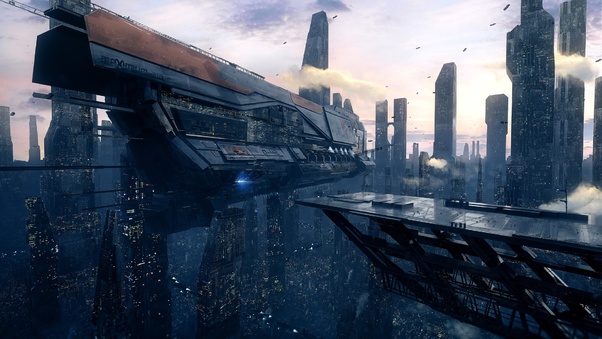Spaceship Scifi City Wallpaper