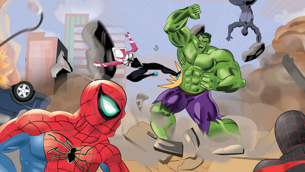 SpiderMan And Spider Woman Team Versus The Hulk Wallpaper