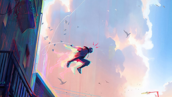 Spiderman Jumping Through Buildings Comic Art 4k Wallpaper