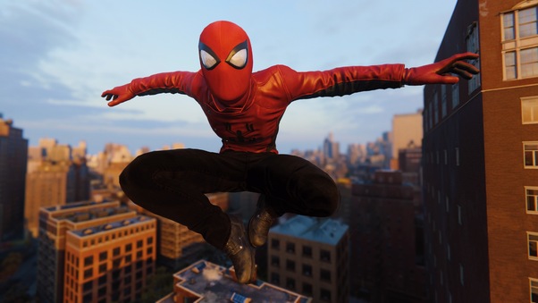 Spiderman Jumping Wearing Red Spider Jacket Wallpaper