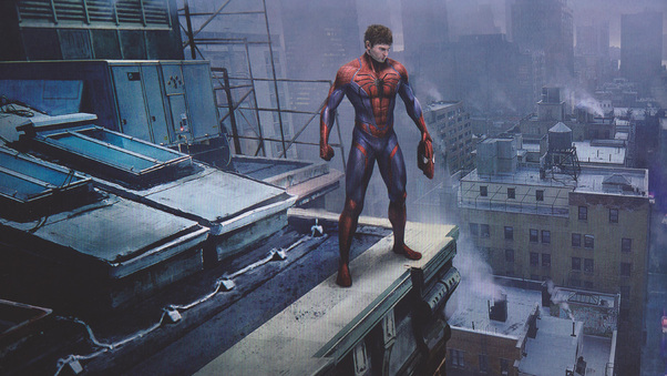 Spiderman Peter Parker Standing On A Rooftop Wallpaper