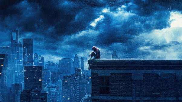 Spiderman Sitting On City Rooftop In Rain Wallpaper