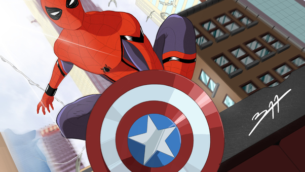 Spiderman With Captain America Shield Art Wallpaper