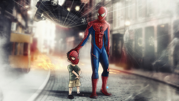 Spiderman With Child 4k Wallpaper
