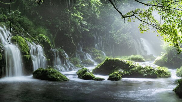 Spring Waterfall Stone Fog Mist Green Forest 8k Wallpaper