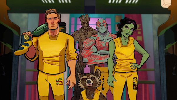 Star Lord Groot Drax The Destroyer Rocket Raccoon And Gamora In Prison Wallpaper