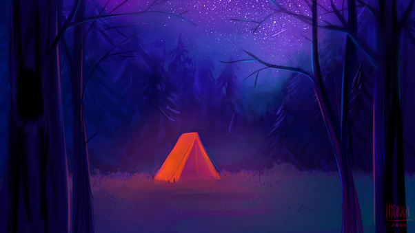 Starry Blue Night And Orange Tent Wallpaper