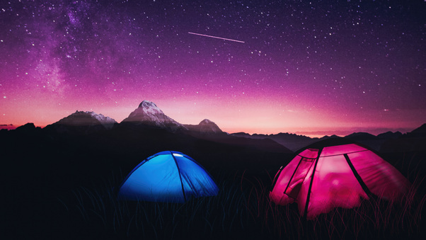 Starry Haven Dome Tents Tourists And A Purple Sky At Night Wallpaper