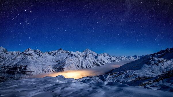 Starry Night Snow Covered Mountains 4k Wallpaper