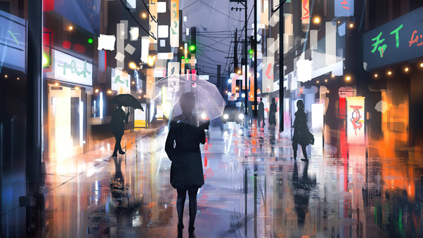 Street Raining Umbrella Girl 4k Wallpaper