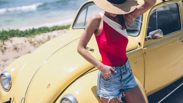 Summer Girl With Yellow Car Hat Wallpaper