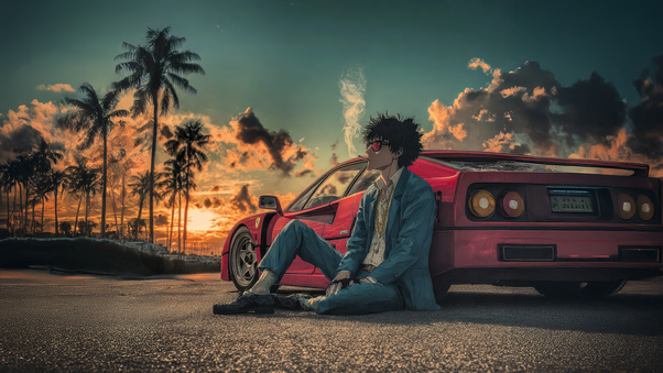 Sunset Dreams With Red Ferrari And Palm Trees (320x240) Resolution Wallpaper