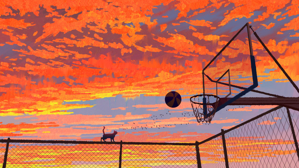Sunset Hoops With Cat Silhouette (1280x720) Resolution Wallpaper