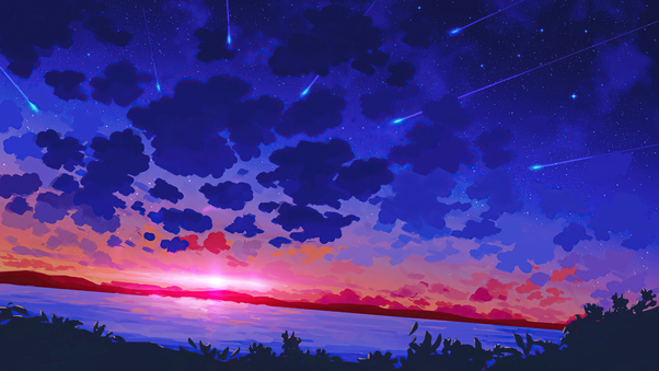 Sunset Lake Blue Clouds Wallpaper