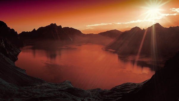 Sunset Lake Mountain Scenery Landscape Nature 4k Wallpaper